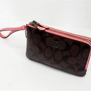 coach double zip brown with pink wristlet